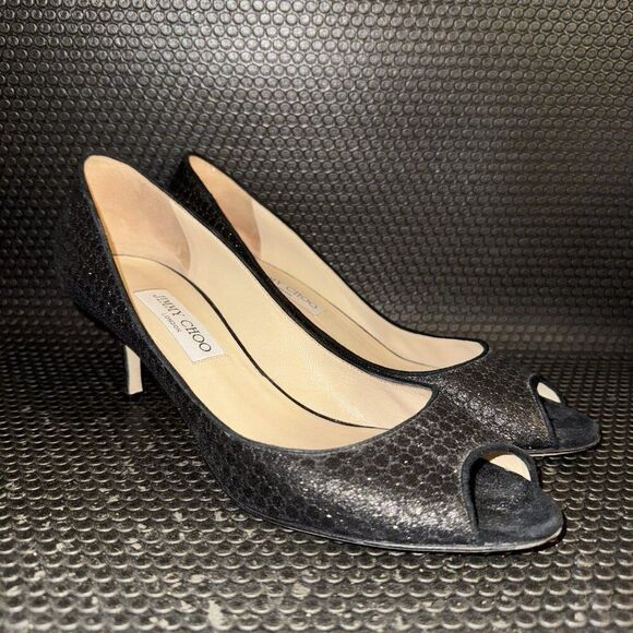 JIMMY CHOO Isabel Black Glitter Peep Toe Low Heels Pumps Shoe Women Size 11 (41) - Picture 4 of 9
